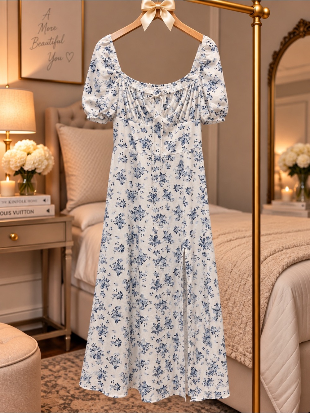 Blue Floral Puff-Sleeve dress